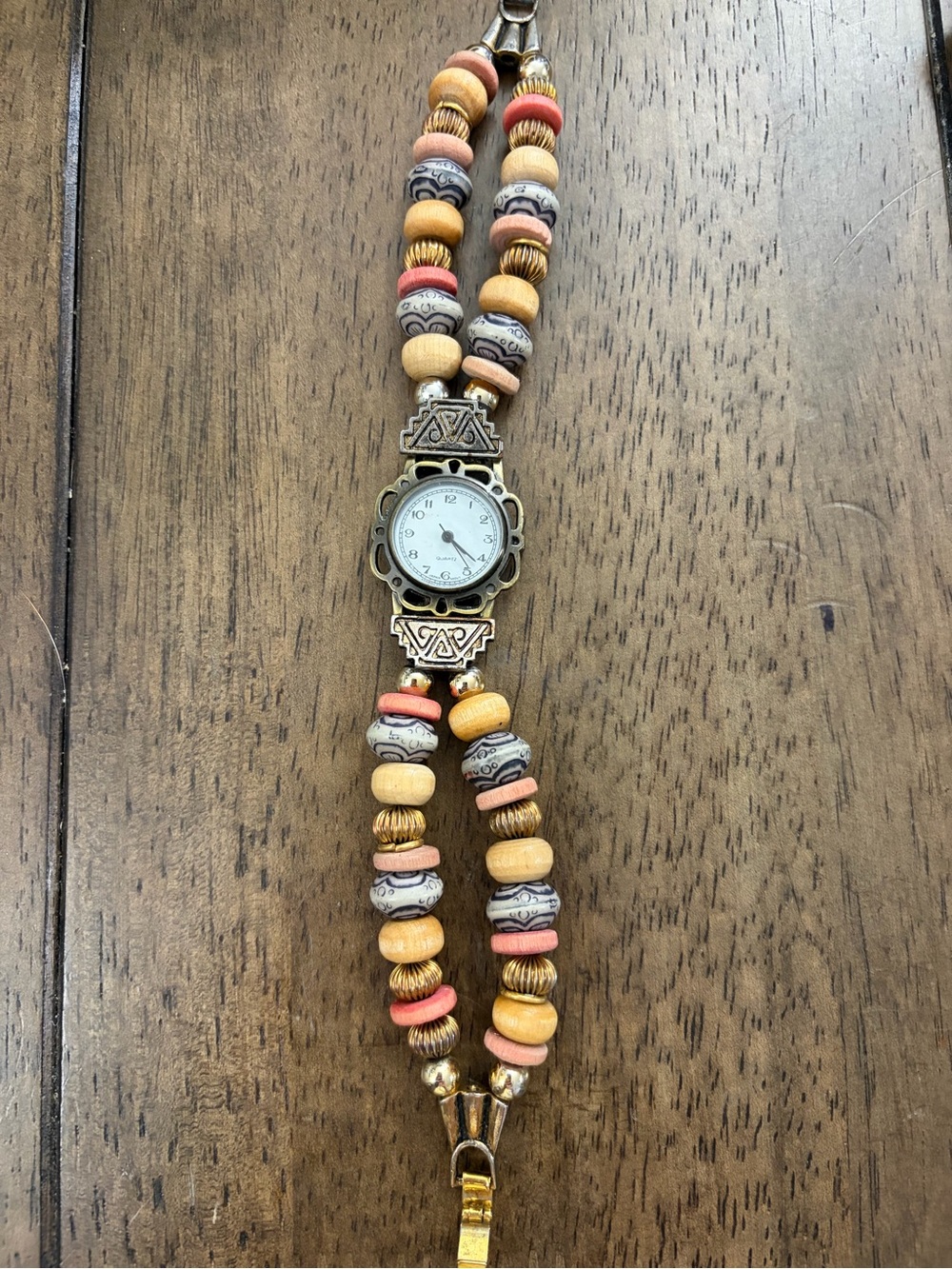 Vintage 1980s Beaded Boho Bracelet Watch in Peach, Coral & Gold Tones runs